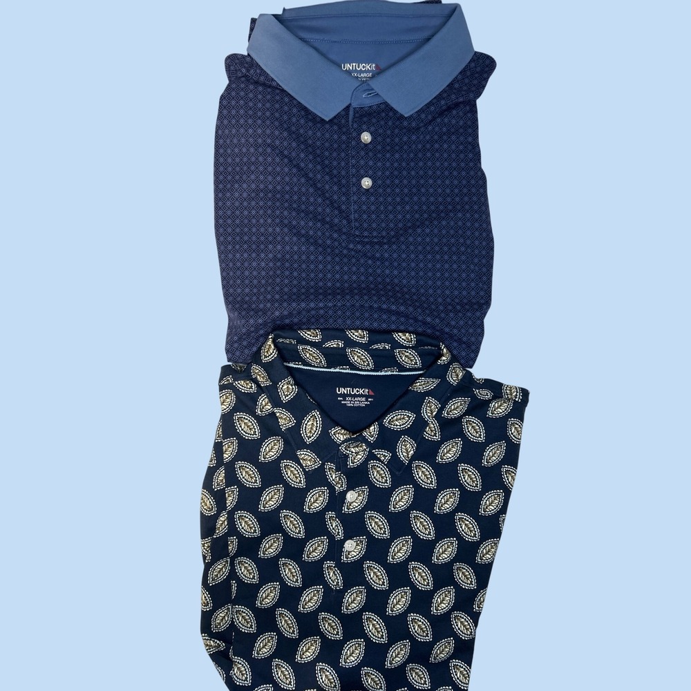 UNTUCKit Polo Shirt Mens XXL Blue 2 Pc Bundle Leaf Geometric Short Sleeve Cotton